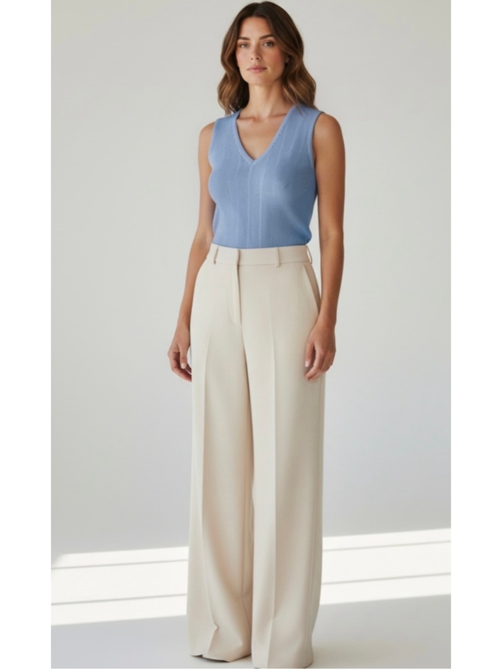Lafayette 148 Ribbed Sleeveless V-Neck Lightweight Sweater Top Blue Small Petite